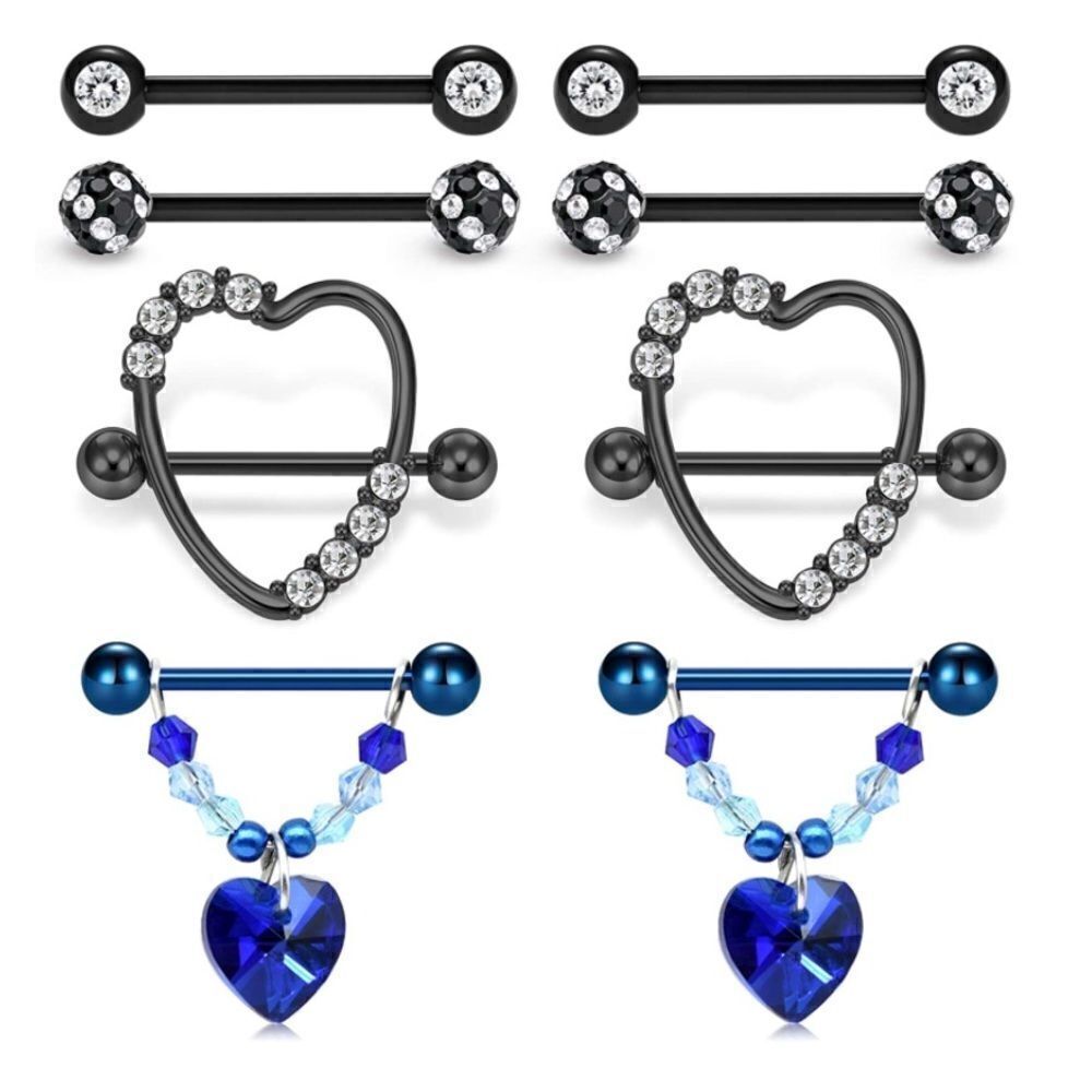 14G 316L Black and Blue Cubic Zirconia Heart Nipple Rings - Set of 4